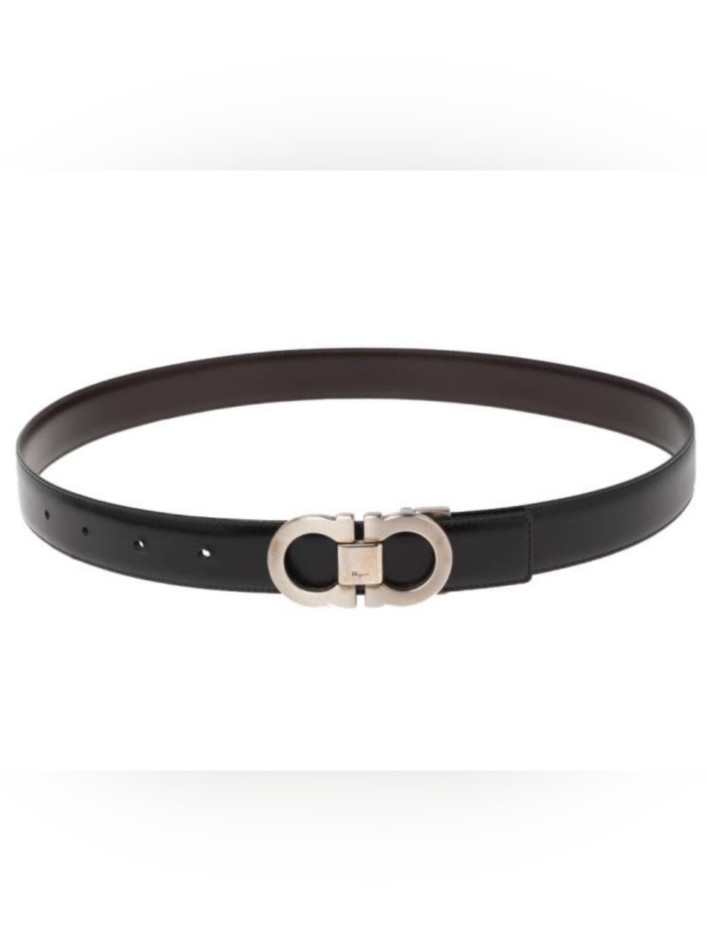 Ferragamo Black/Brown Leather Gancini Silver Buckle Reversible Belt 38/40